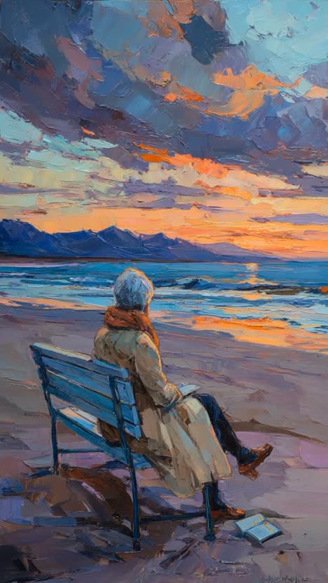 First frame of the analysed post: an impressionist painting of a figure on a bench facing a sunset over the sea.
